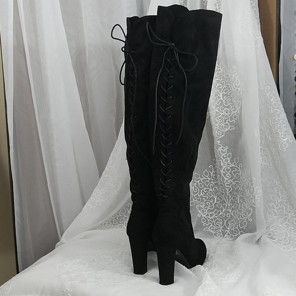 Black Suede Rear Lace Up Boots